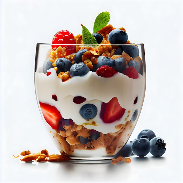 A bowl of yogurt with berries and granola.