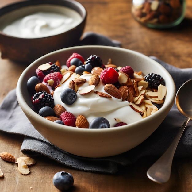 A bowl of yogurt with berries and nuts is on a table.