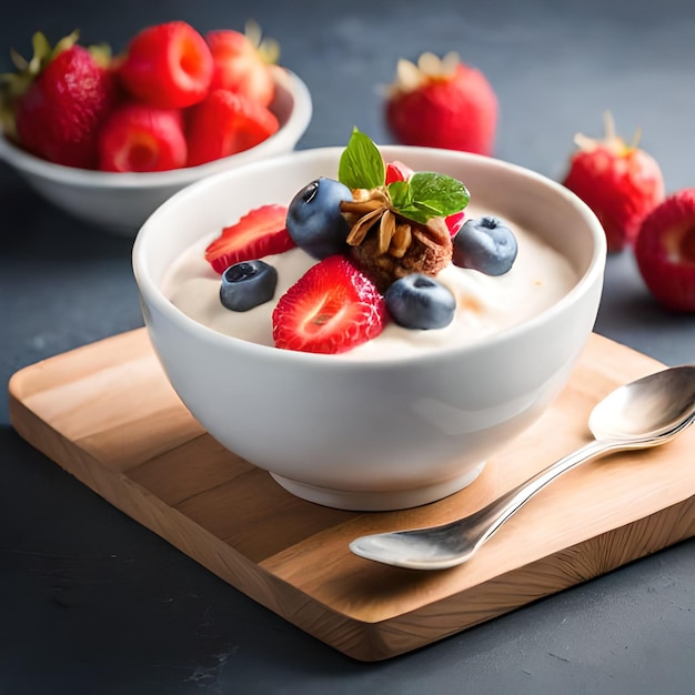 A bowl of yogurt with berries and pine nuts on it.