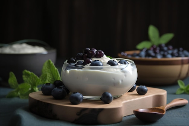 A bowl of yogurt with blueberries on a cutting board.