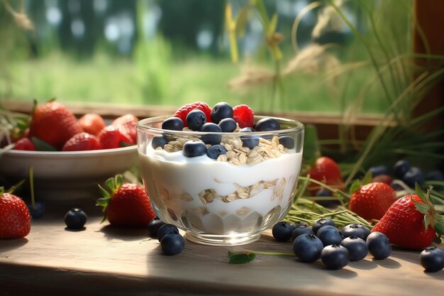 A bowl of yogurt with blueberries and strawberries on a table