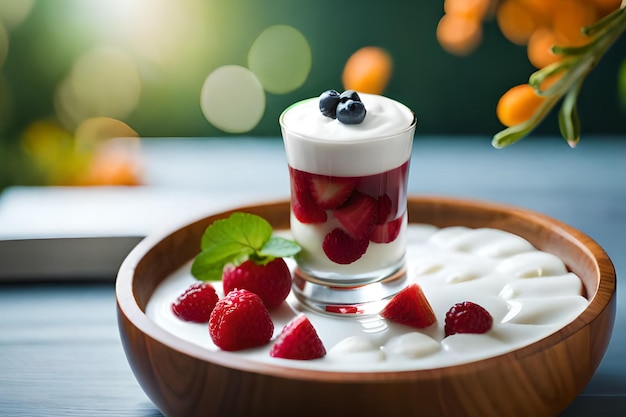 A bowl of yogurt with a bowl of yogurt and berries