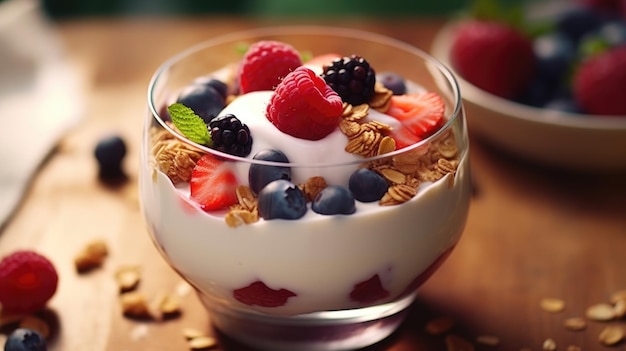 Чаша с йогуртом с фруктами и гранолой Чаша на деревянном столе Фрукты включают клубнику чернику и малину