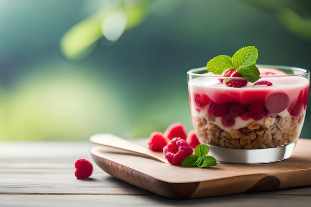 a bowl of yogurt with raspberries and mint leaves on a wooden table.