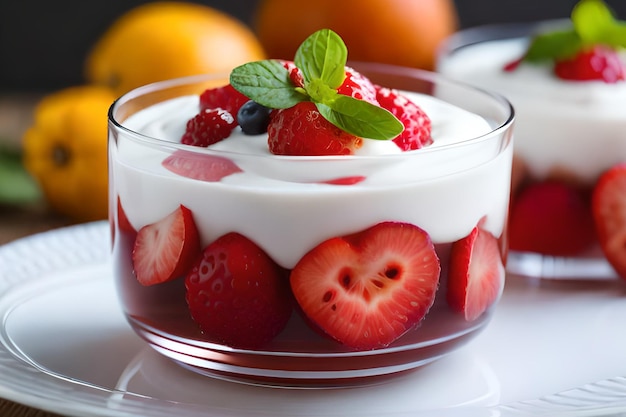 A bowl of yogurt with strawberries and blueberries