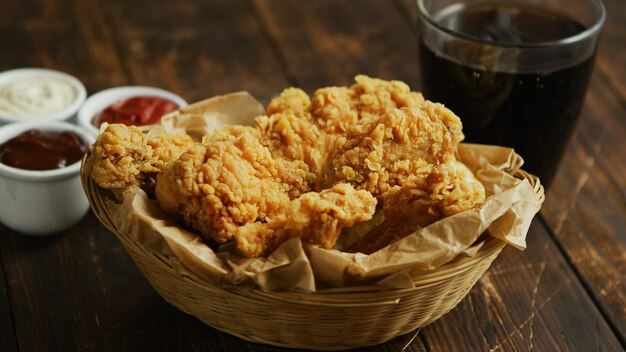 Bowl of yummy roasted chicken wings standing on wooden tabletop near assorted sauces and glass of cold beverage