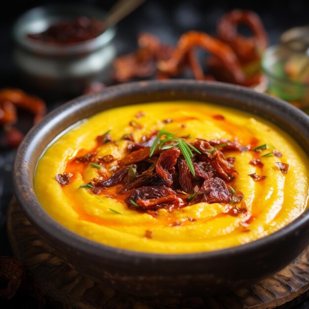 Photo bowlful of delight a macro view of mashed pumpkin soup crowned with sundried tomatoes