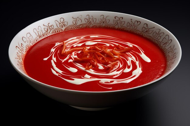 Чаша ярко-красного супа Увлекательная композиция из фарфора