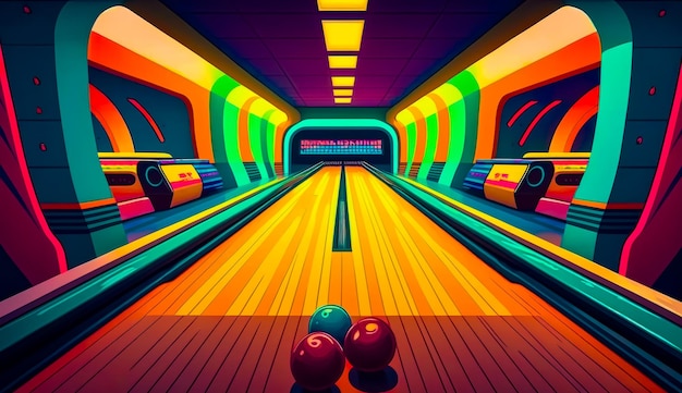 Bowling alley with bowling balls on the floor and neon lights on the ceiling Generative AI