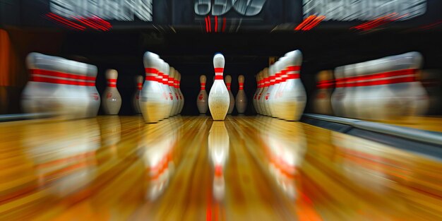 A bowling alley with pins in motion