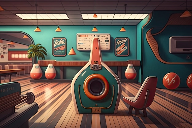 Photo bowling alley with retro bowling equipment and decor