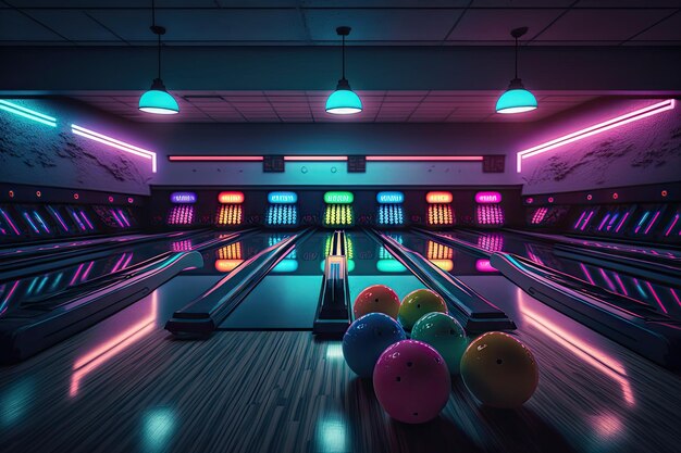 Bowling alley with skittles and pins in place during late night bowling tournament