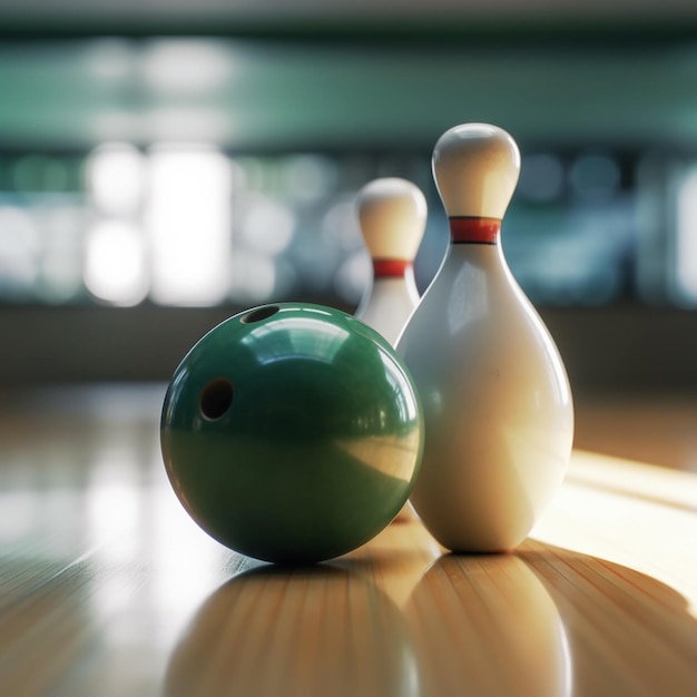 A bowling ball and a bowling ball are on a wooden floor.