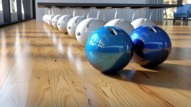 Photo bowling ball catching blue pins on a wooden floor in the style of light gray and white