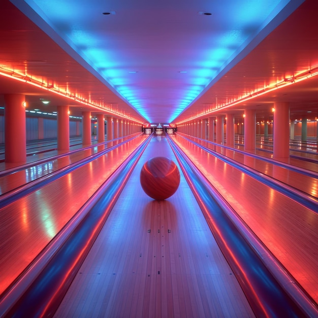 Bowling Ball crashing into the pins on bowling alley Bowling pins and ball 3D render illustration