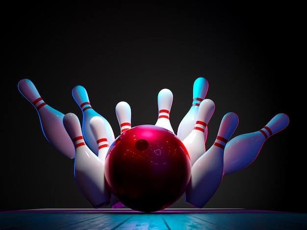 Photo bowling ball hitting pins