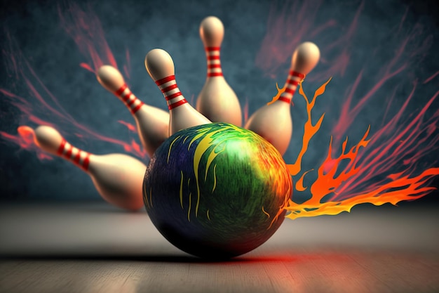 Photo a bowling ball is being knocked over by pins.
