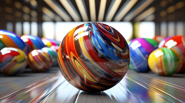 A bowling ball is on a conveyor belt in front of a blurred background.