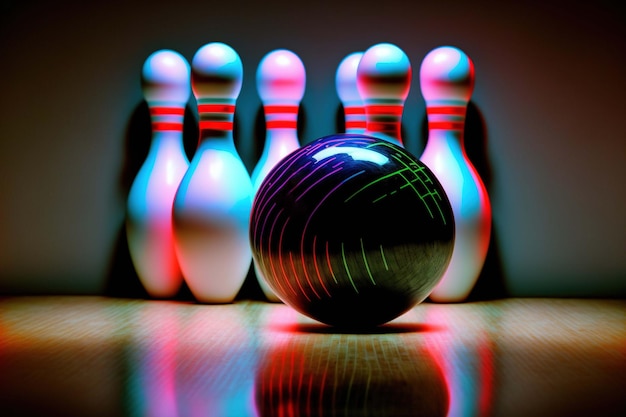 Photo a bowling ball is in front of a row of pins.