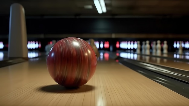 A bowling ball is rolling down the lane