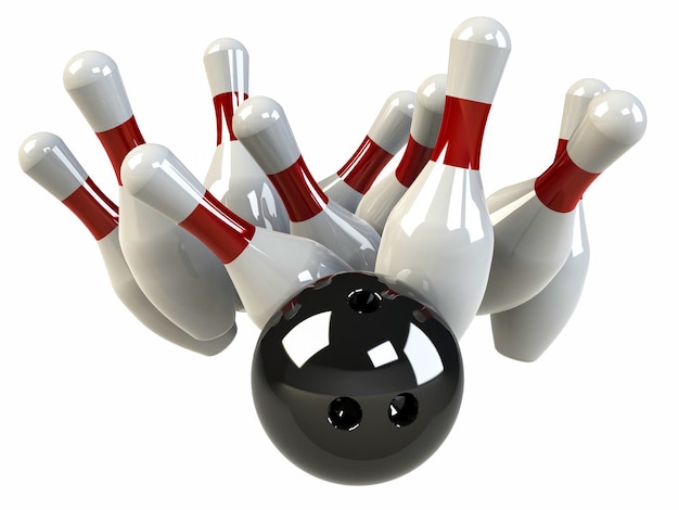 Photo bowling ball knocks down pins, strike, isolated on white - 3d