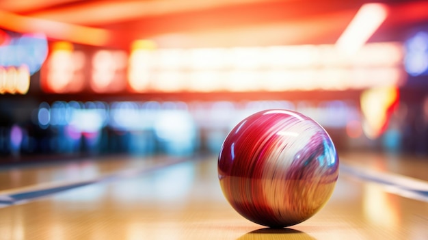 Foto bola da bowling messa su un vicolo con sfondo sfocato di pin da bowling ai