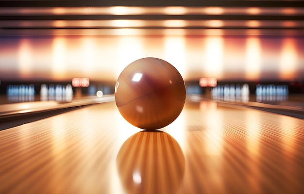 Photo bowling ball rolls down a bowling alley to standing pins bowlin