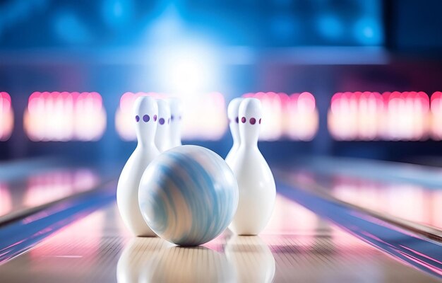 Photo bowling ball rolls down a bowling alley to standing pins bowlin