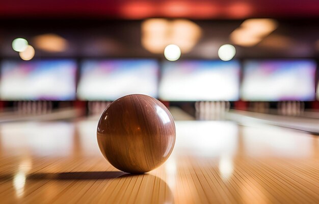 Photo bowling ball rolls down a bowling alley to standing pins bowlin