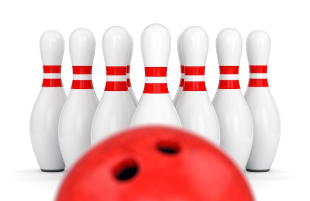 Foto palla da bowling e dieci perni isolati su sfondo bianco con il fuoco selettivo. targeting, strategia e concetto di progresso. illustrazione 3d