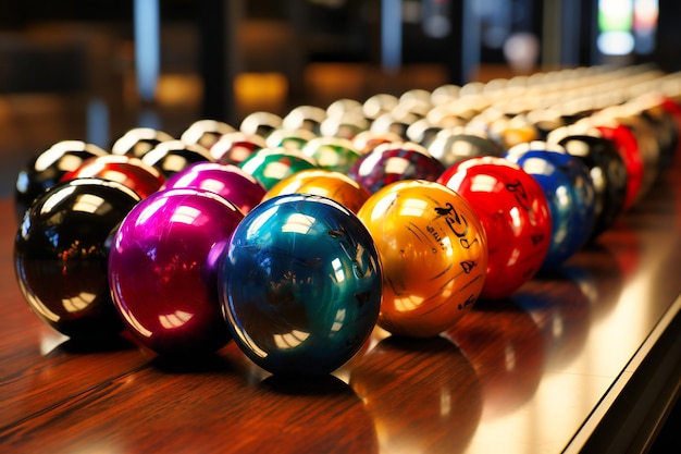 Bowling balls are lined up