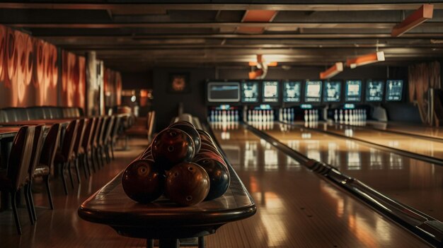 Bowling club interior with bowling balls and skittles vintage tonedgenerative ai