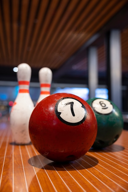 Bowling equipment indoors still life