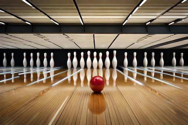 Bowling pins lined up and a ball in front Created with generative Ai technology