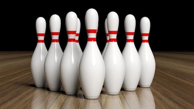 Bowling pins set on wooden floor