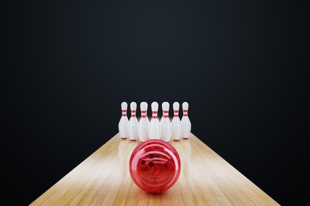 Bowling Poster for advertising poster for the site modern design magazine style Bowling ball and skittles on the lane Copy space 3D illustration 3D render