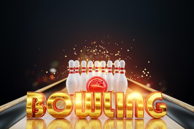 Bowling Poster for advertising poster for the site modern design magazine style Bowling ball and skittles on the lane Copy space 3D illustration 3D render