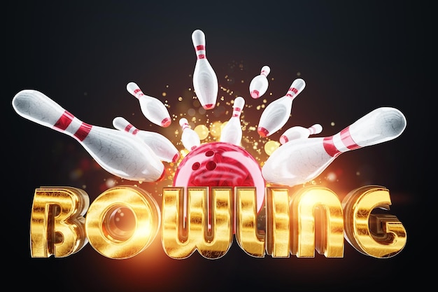 Bowling Poster voor reclameposter voor de site modern design tijdschriftstijl Bowlingbal en Skittles op de baan plus de inscriptie Bowling Copy space 3D illustratie 3D render