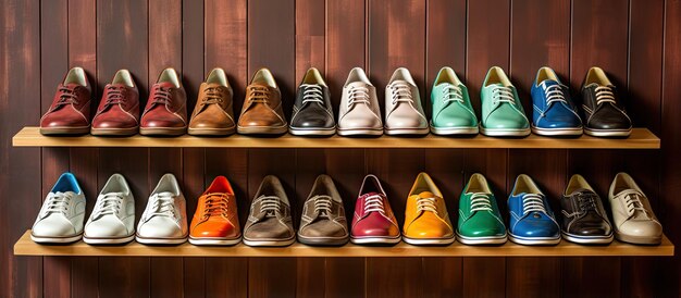 Bowling shoes on shelves in a bowling alley