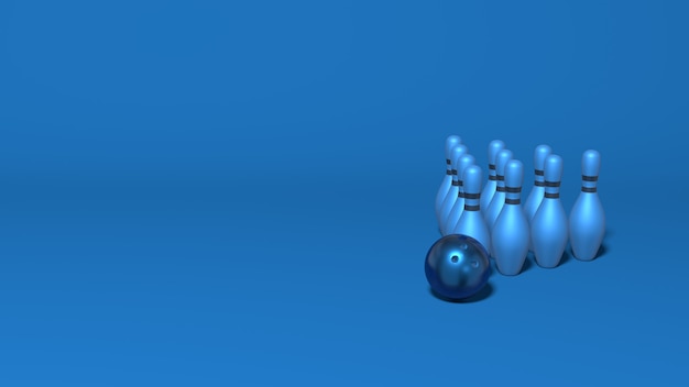 Bowling skittles stand a pyramid. Stylish minimal abstract horizontal scene, place for text. 3D rendering