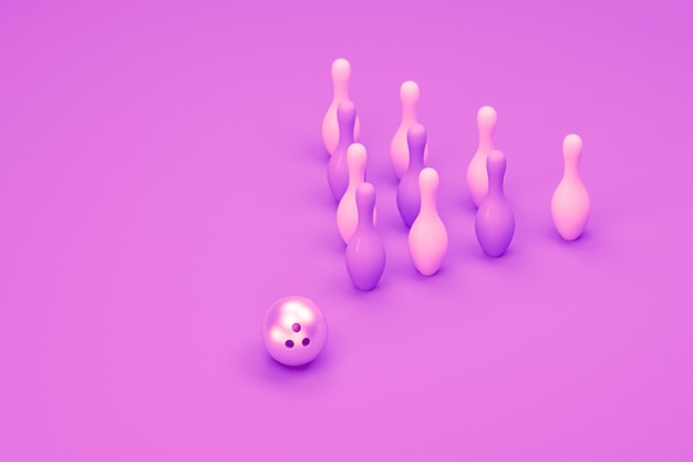 Bowlingbal en verspreide roze kegels geïsoleerd op paarse background3d render