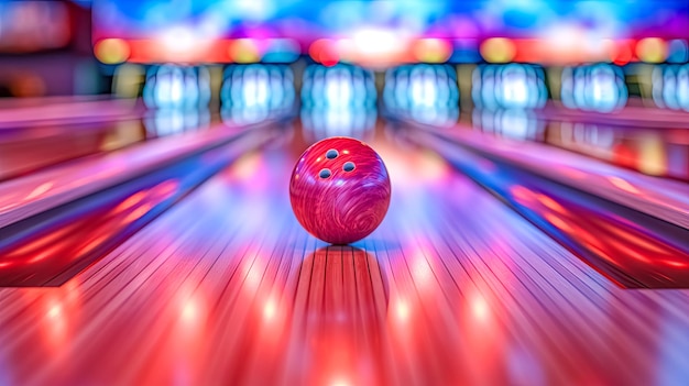 Bowlingscène met een glanzende rode bowlingbal in focus op een baan met dynamische verlichting