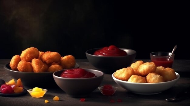 Bowls of fried chicken nuggets with sauces on dark backgroundgenerative ai