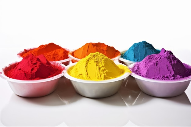 Bowls full of intensely coloured powder on white background for Holi