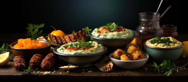 Bowls of hummus with grilled meatballs and mashed potatoes