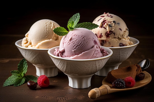 Bowls of ice cream with different flavors vanilla strawberry and chocolate in a dark background