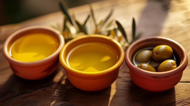 Bowls of Olives and Oil in Light Yellow and Light Red