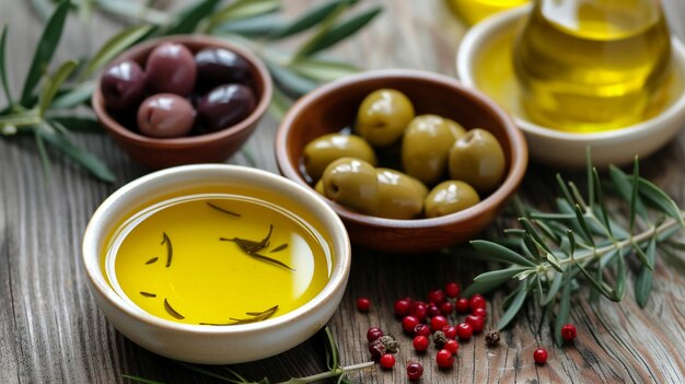 Bowls of Olives and Oil Light Yellow and Light Red