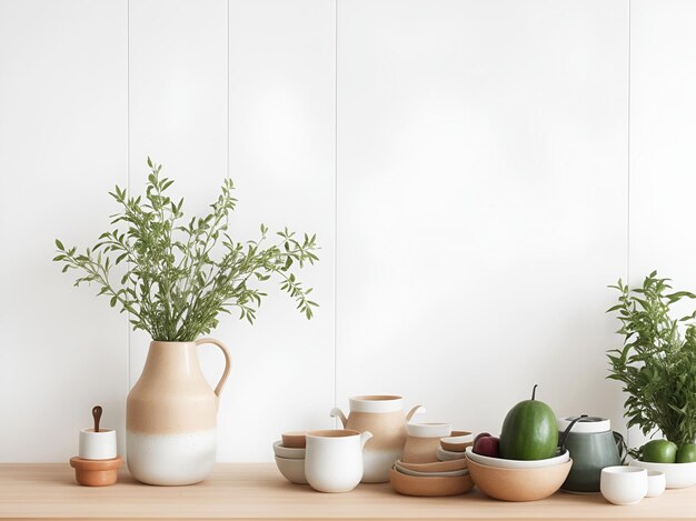 Photo bowls and plants on a cabinet in front of a wall with copy space