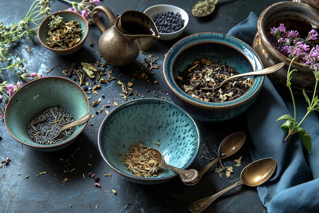 Photo bowls and spoons with herbal tea